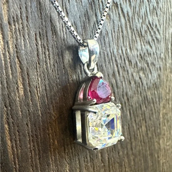 Vintage BBJ Strontium Titanate & Ruby Rhodium Over Sterling Pendant Necklace